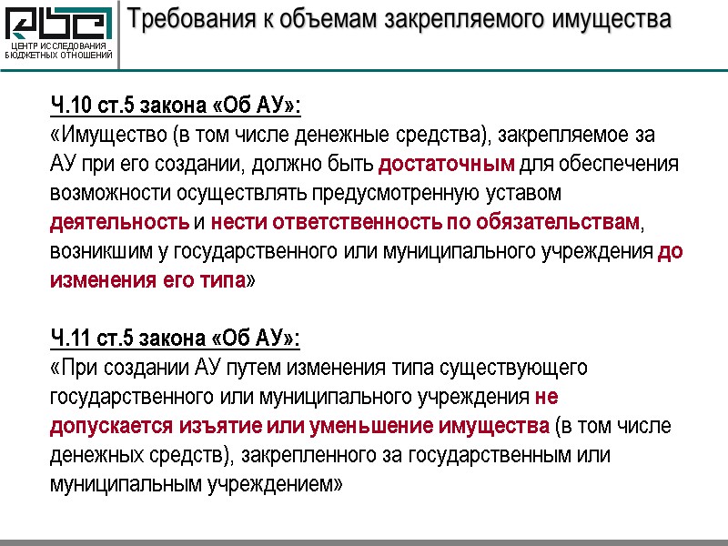 Требования к объемам закрепляемого имущества Ч.10 ст.5 закона «Об АУ»: «Имущество (в том числе